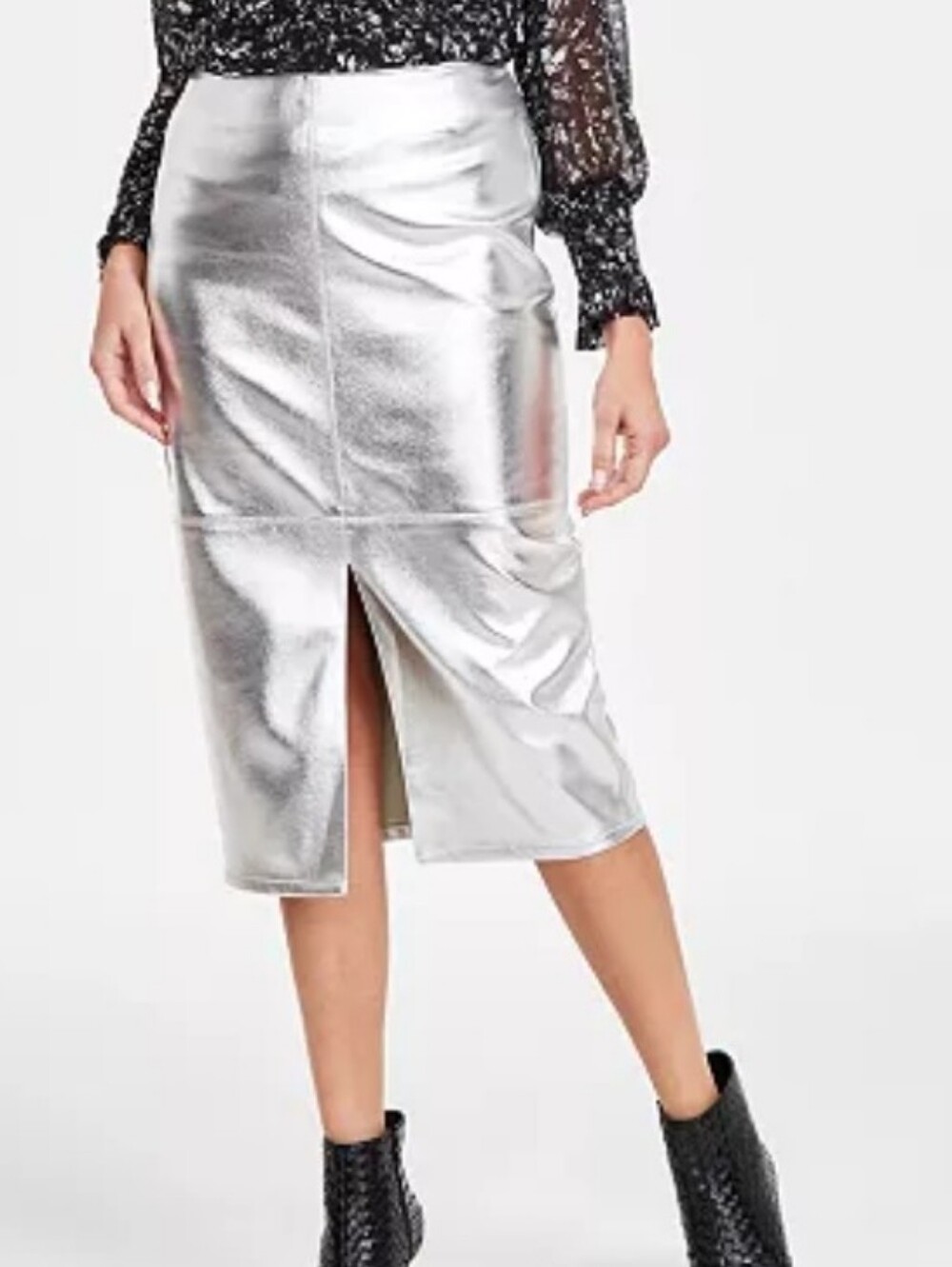 NWT Macy's INC Silver Metallic Faux Leather Front Slit Pencil Midi Skirt Size 12